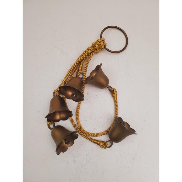 Vintage brass Bells on a Rope, 5 Handmade Jingle Bells, Rustic Decor, Metal - Picture 1 of 10